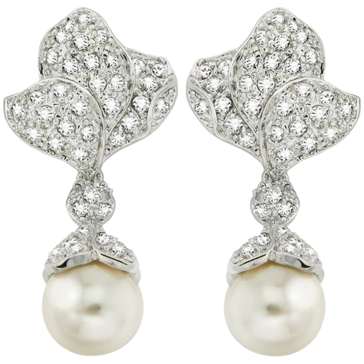 Elegant Glass Pearl Drop Earrings with Austrian Crystal Floral Design