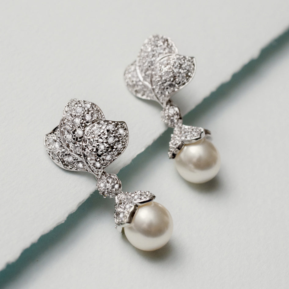 Elegant Glass Pearl Drop Earrings with Austrian Crystal Floral Design