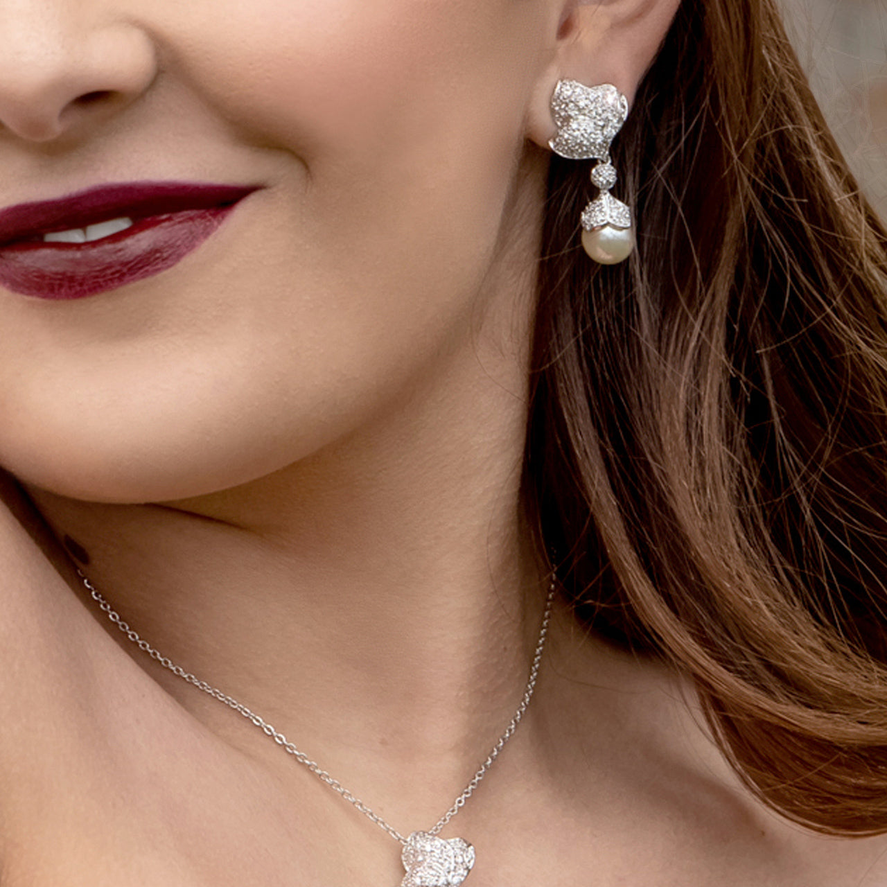 Elegant Glass Pearl Drop Earrings with Austrian Crystal Floral Design