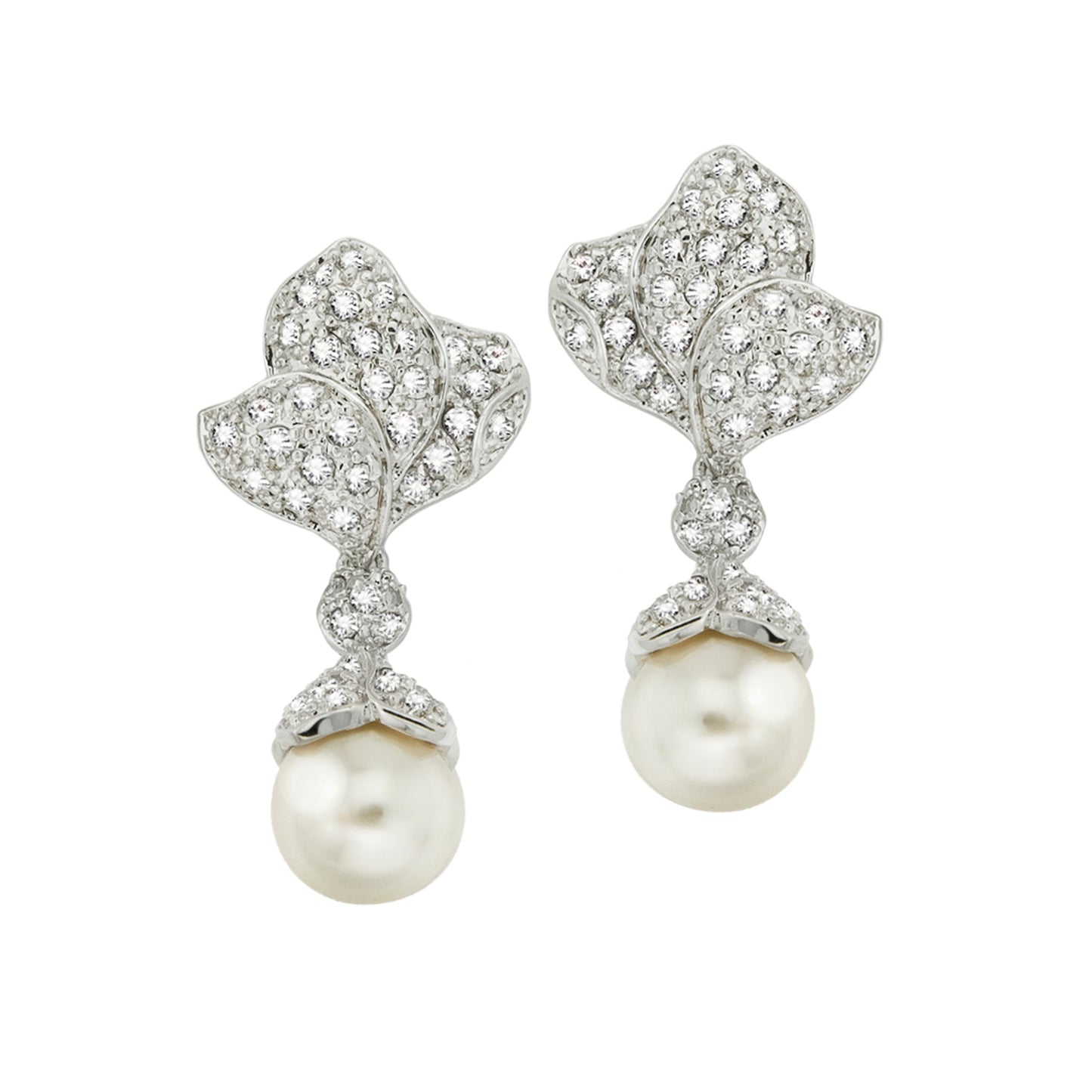 Elegant Glass Pearl Drop Earrings with Austrian Crystal Floral Design