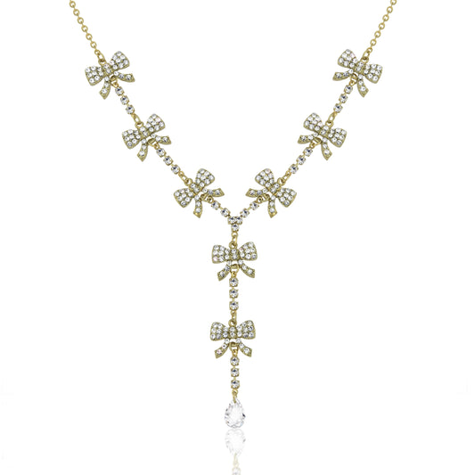 Elegant Crystal Bow Y-Style Drop Necklace with Austrian Crystals Gold Tone Chain