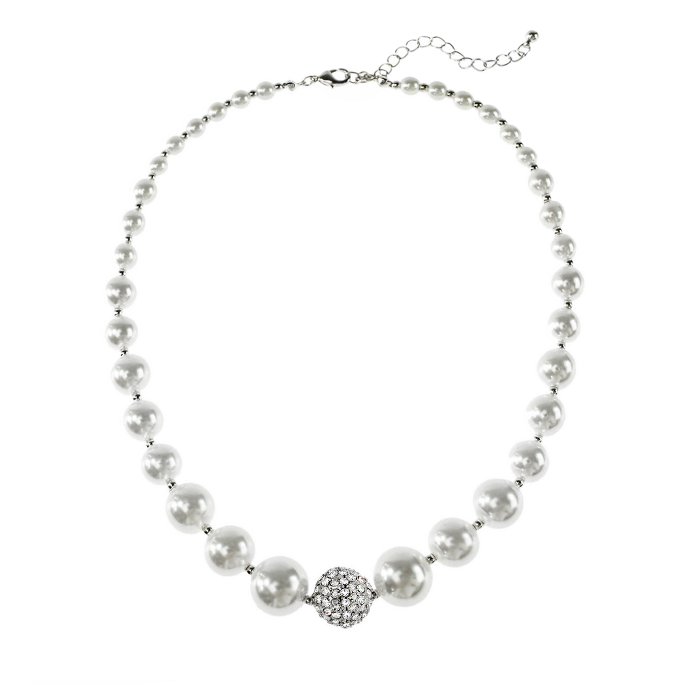 Elegant White Pearl Necklace with Crystal Pave Ball Accent - Wedding, Prom, Special Occasion Jewelry