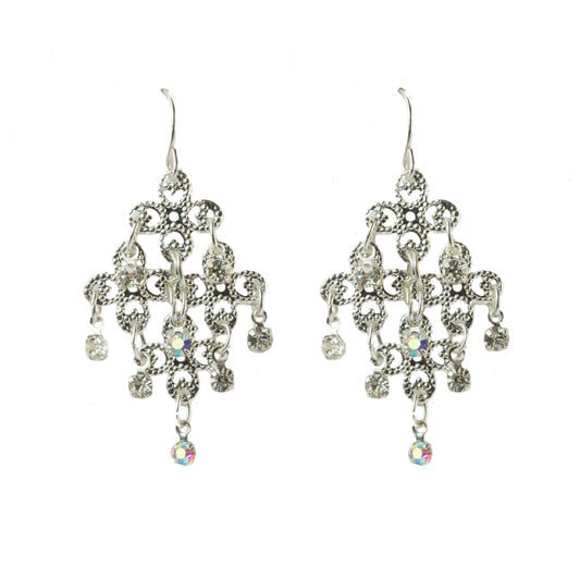 Elegant Crystal Chandelier Drop Earrings with Austrian and Aurora Borealis Crystals - Silver Tone