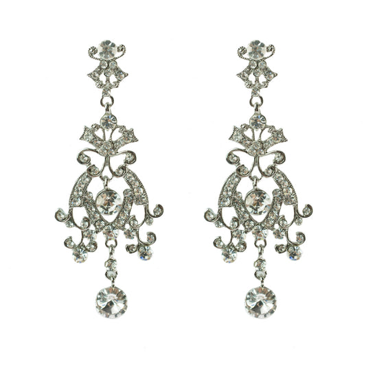 Vintage Style Austrian Crystal Chandelier Drop Earrings with Filigree Design - Wedding Statement Earrings