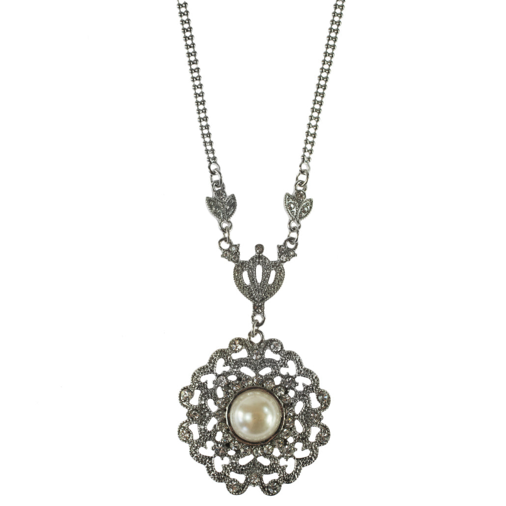 Vintage Style Pearl and Crystal Pendant Necklace with Filigree Design, Silver Tone Chain, 16 Inch + 3 Inch Extender