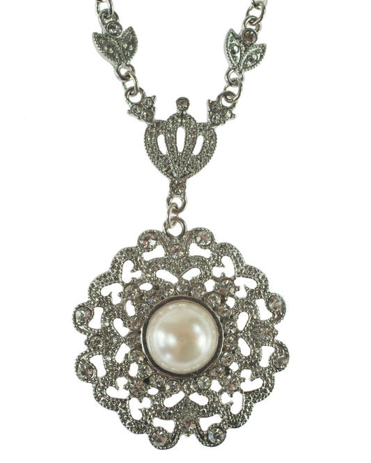 Vintage Style Pearl and Crystal Pendant Necklace with Filigree Design, Silver Tone Chain, 16 Inch + 3 Inch Extender