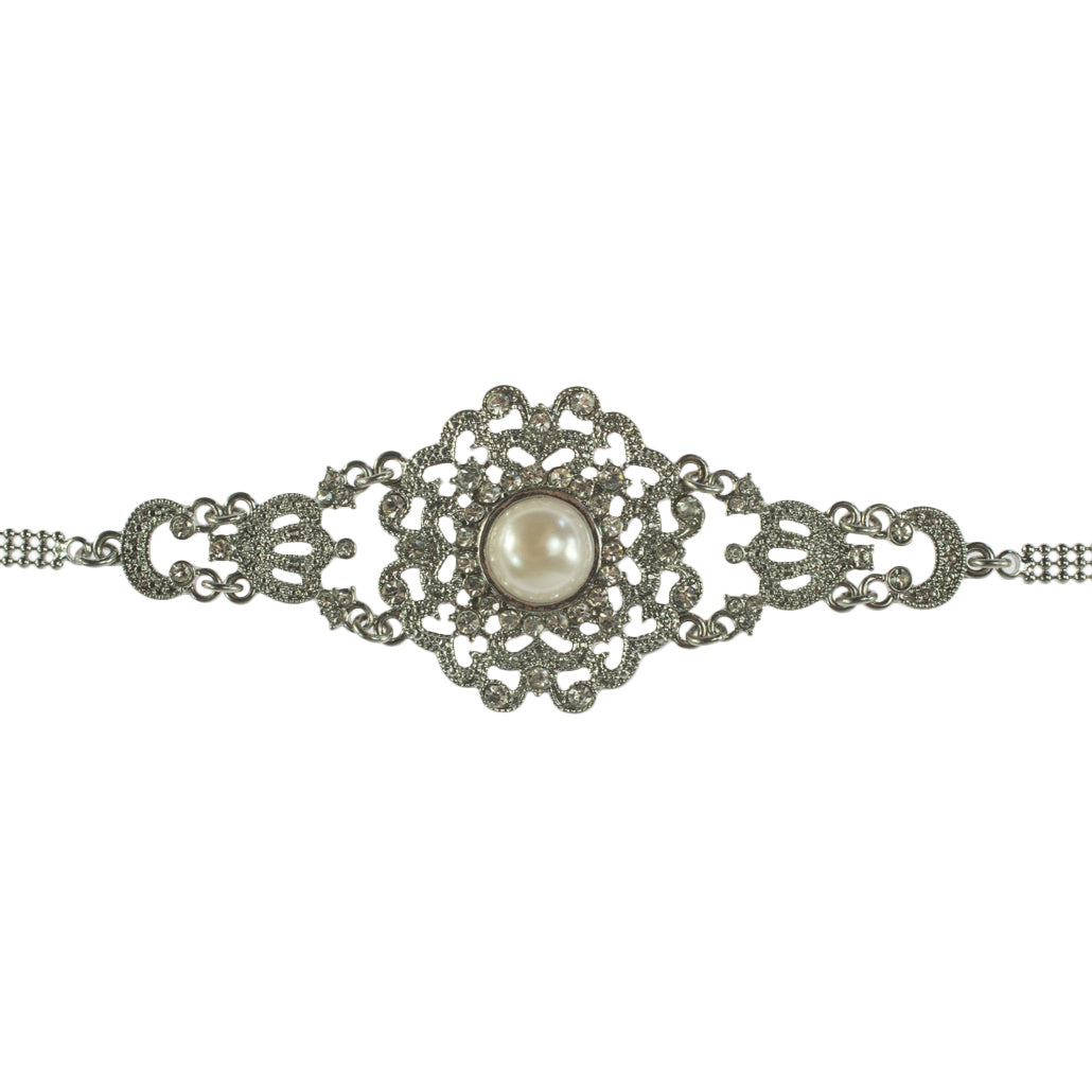 Vintage Style Pearl and Austrian Crystal Filigree Statement Bracelet with Extender