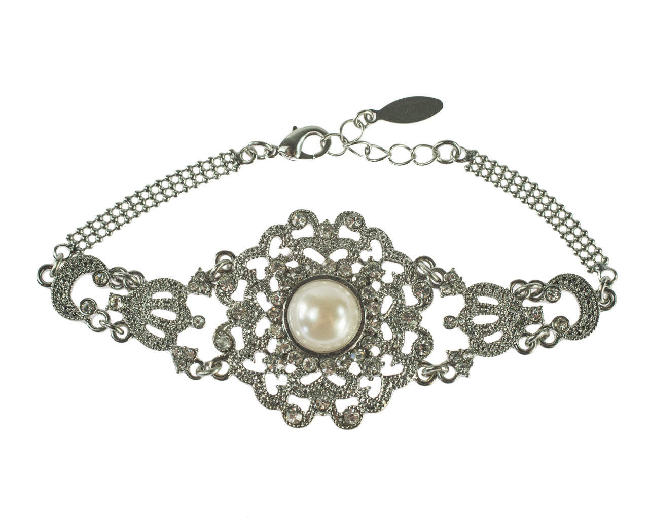 Vintage Style Pearl and Austrian Crystal Filigree Statement Bracelet with Extender