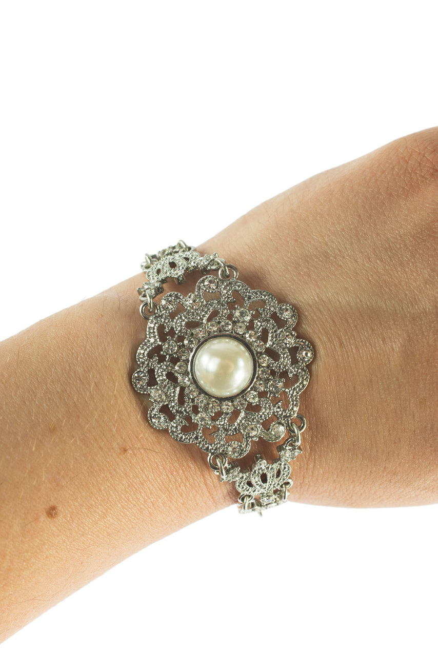 Vintage Style Pearl and Austrian Crystal Filigree Statement Bracelet with Extender