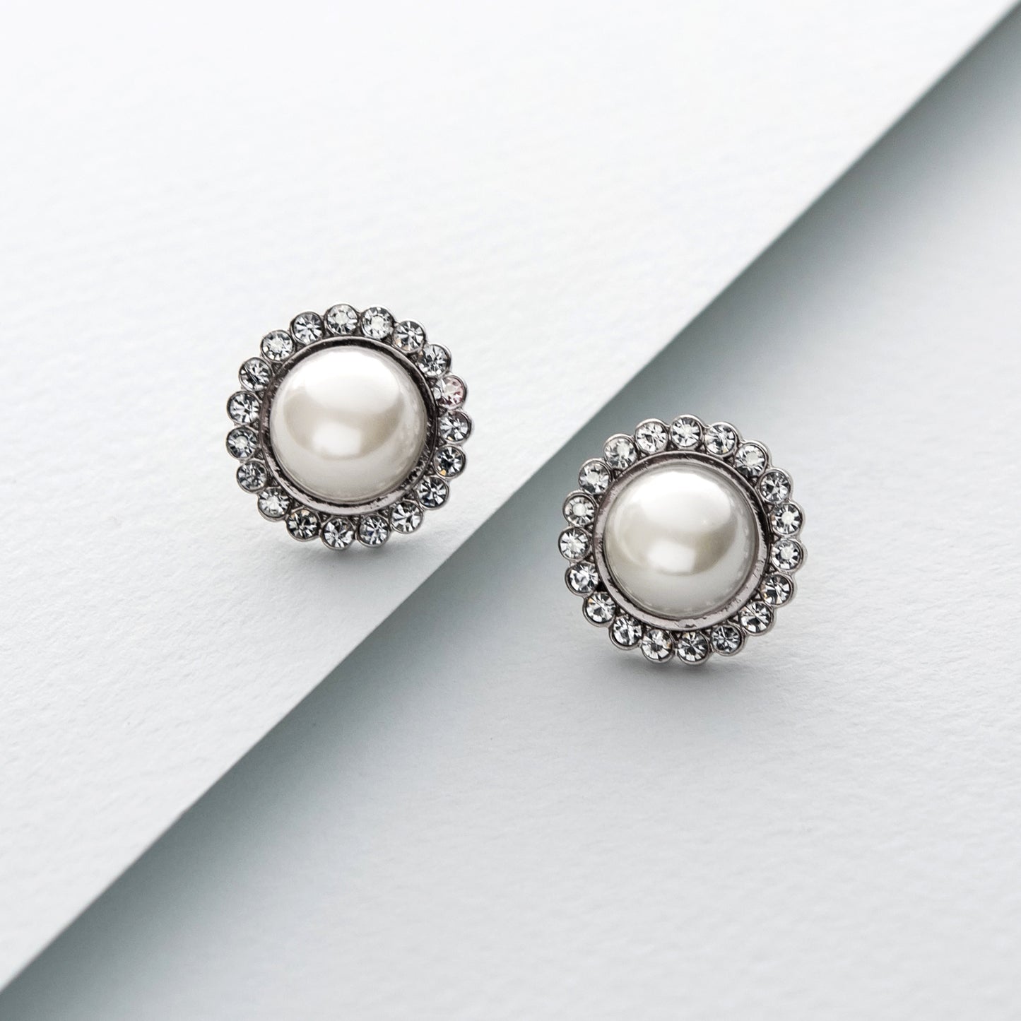 Elegant Pearl Stud Earrings with Crystal Halo Frame, Classic Wedding Bridal Earrings