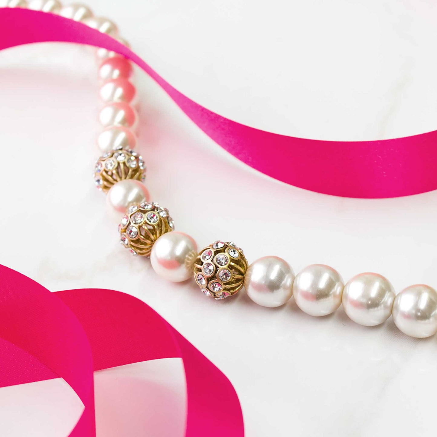 Elegant Pearl and Crystal Statement Necklace with Gold Tone Accents - 16 inch Adjustable Chain