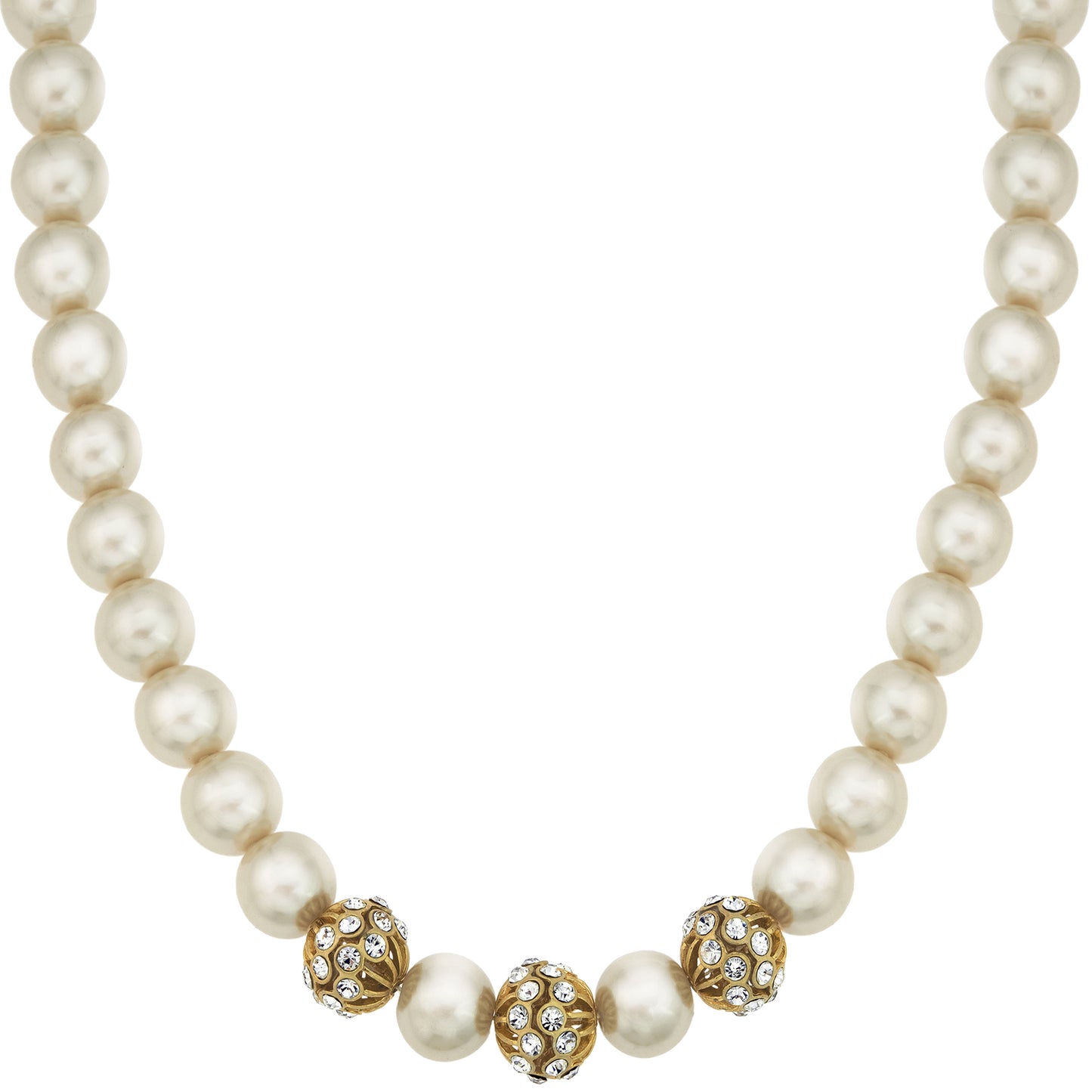 Elegant Pearl and Crystal Statement Necklace with Gold Tone Accents - 16 inch Adjustable Chain