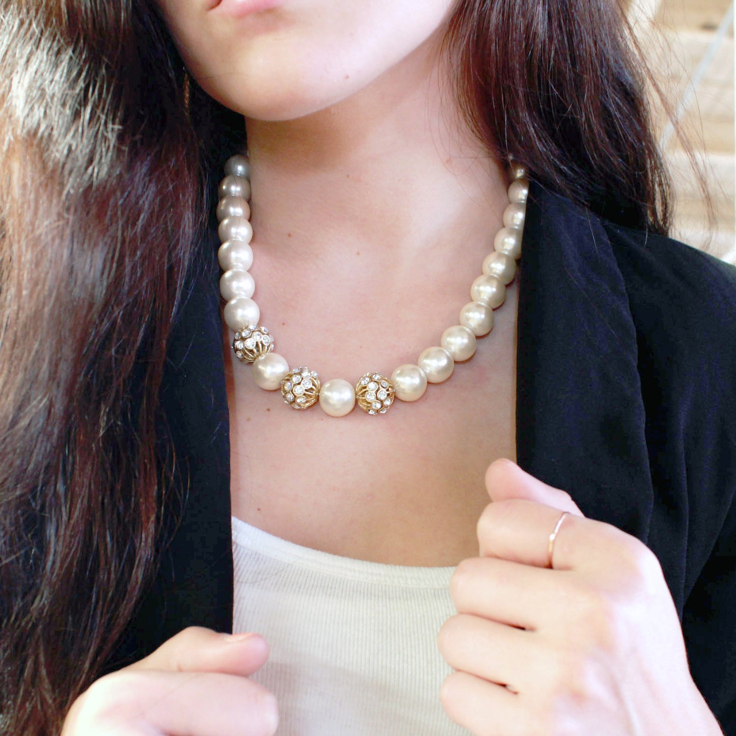 Elegant Pearl and Crystal Statement Necklace with Gold Tone Accents - 16 inch Adjustable Chain