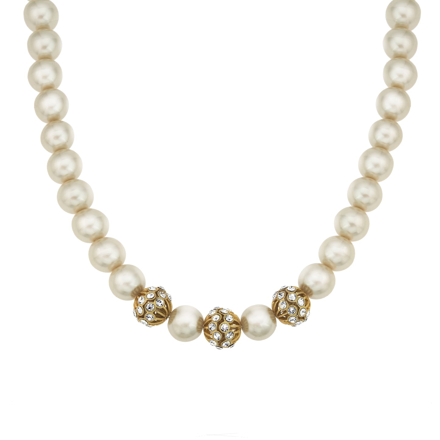 Elegant Pearl and Crystal Statement Necklace with Gold Tone Accents - 16 inch Adjustable Chain