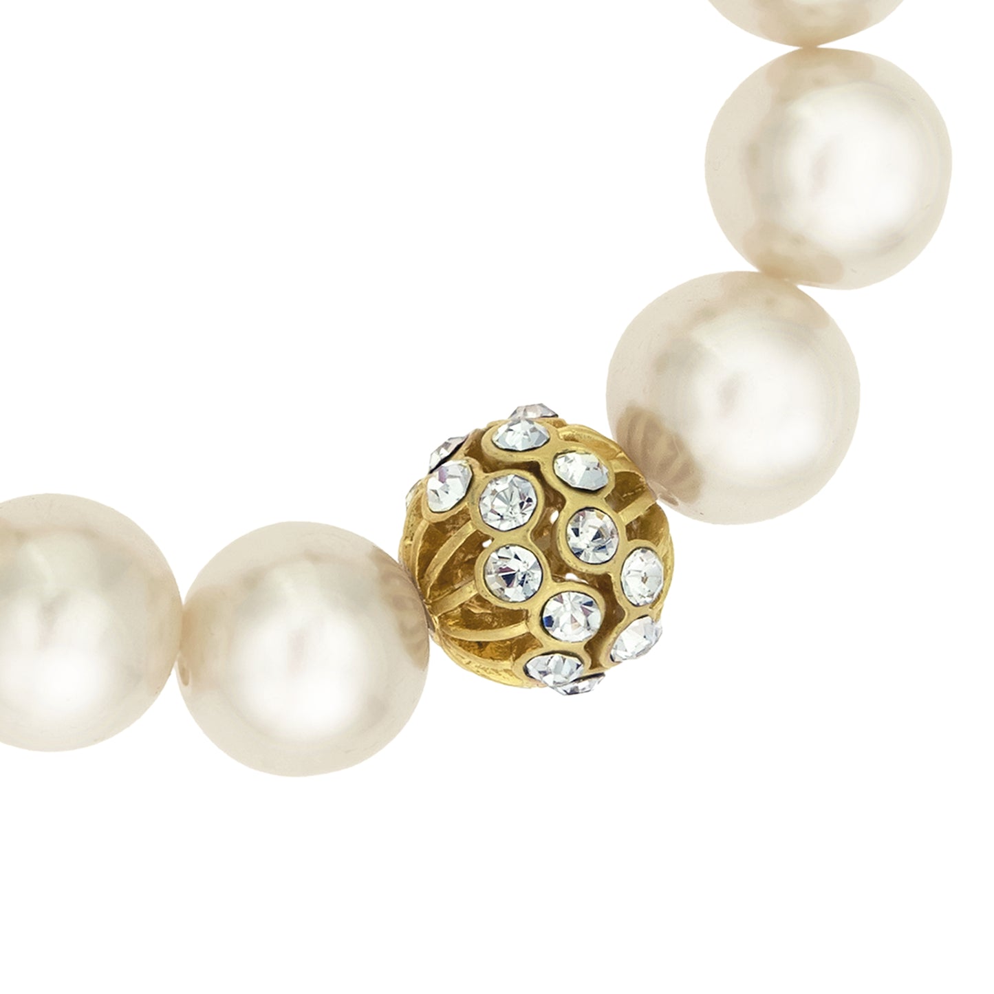 Elegant Pearl and Crystal Stretch Bracelet with Gold Tone Accents - 14mm Faux Pearls