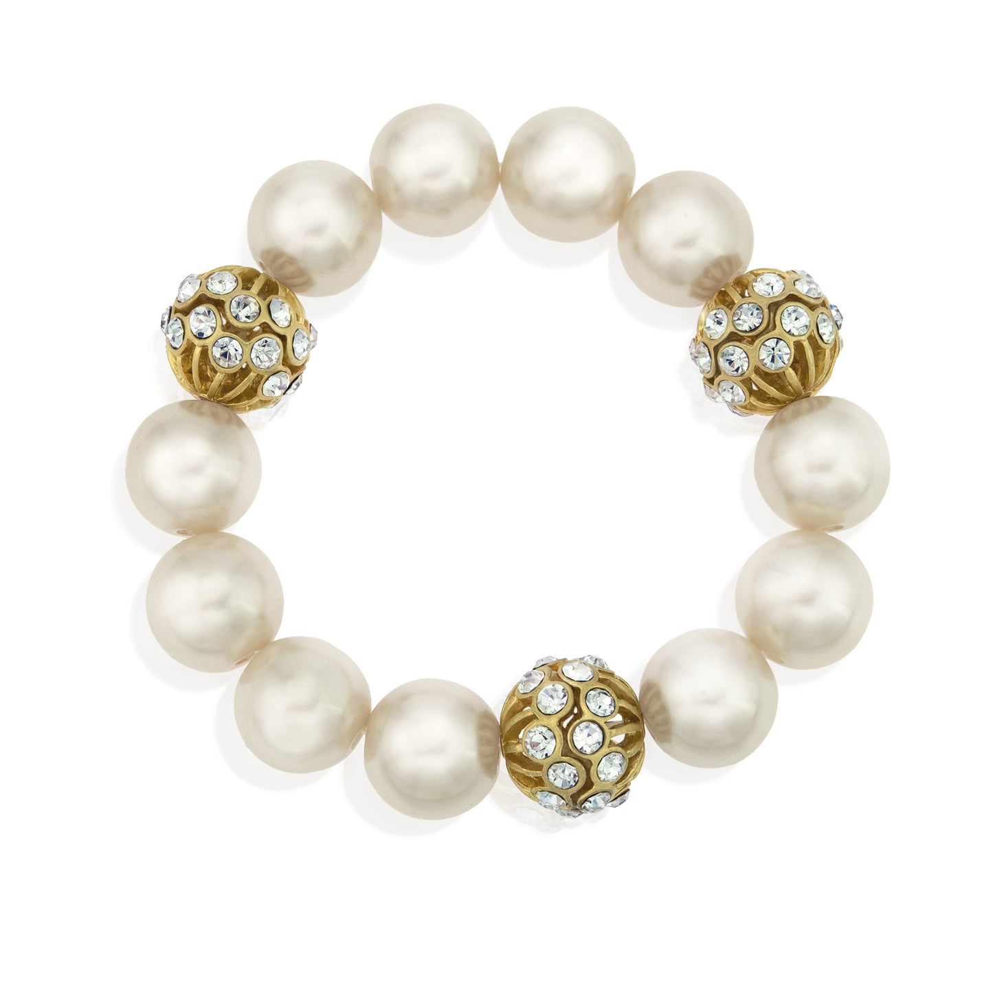 Elegant Pearl and Crystal Stretch Bracelet with Gold Tone Accents - 14mm Faux Pearls