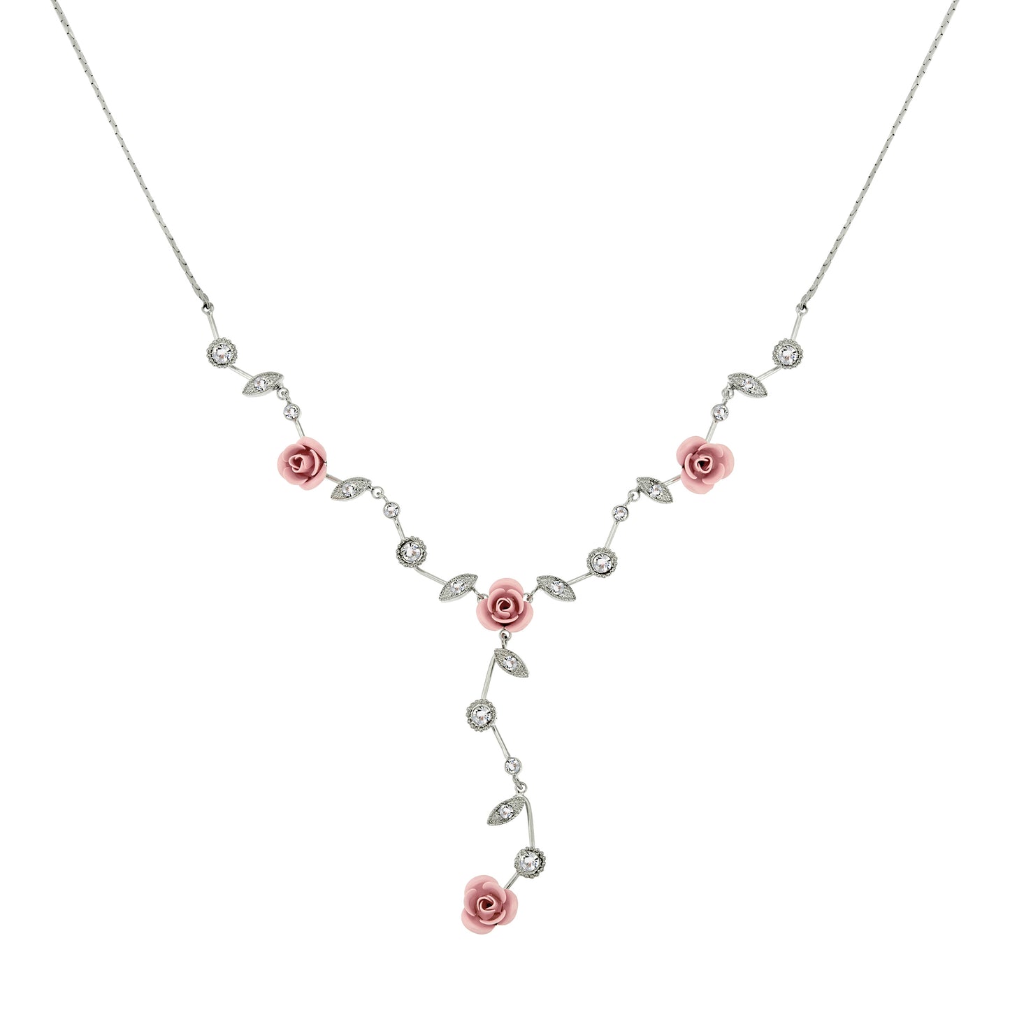Dainty Pink Rose Y-Necklace with Crystal Accents and Leaf Details - Bridal Wedding Jewelry