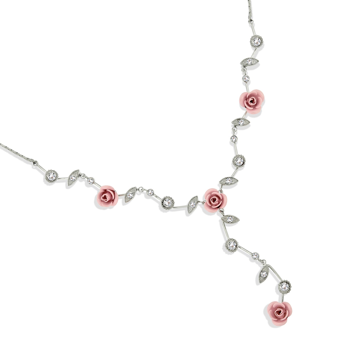 Dainty Pink Rose Y-Necklace with Crystal Accents and Leaf Details - Bridal Wedding Jewelry