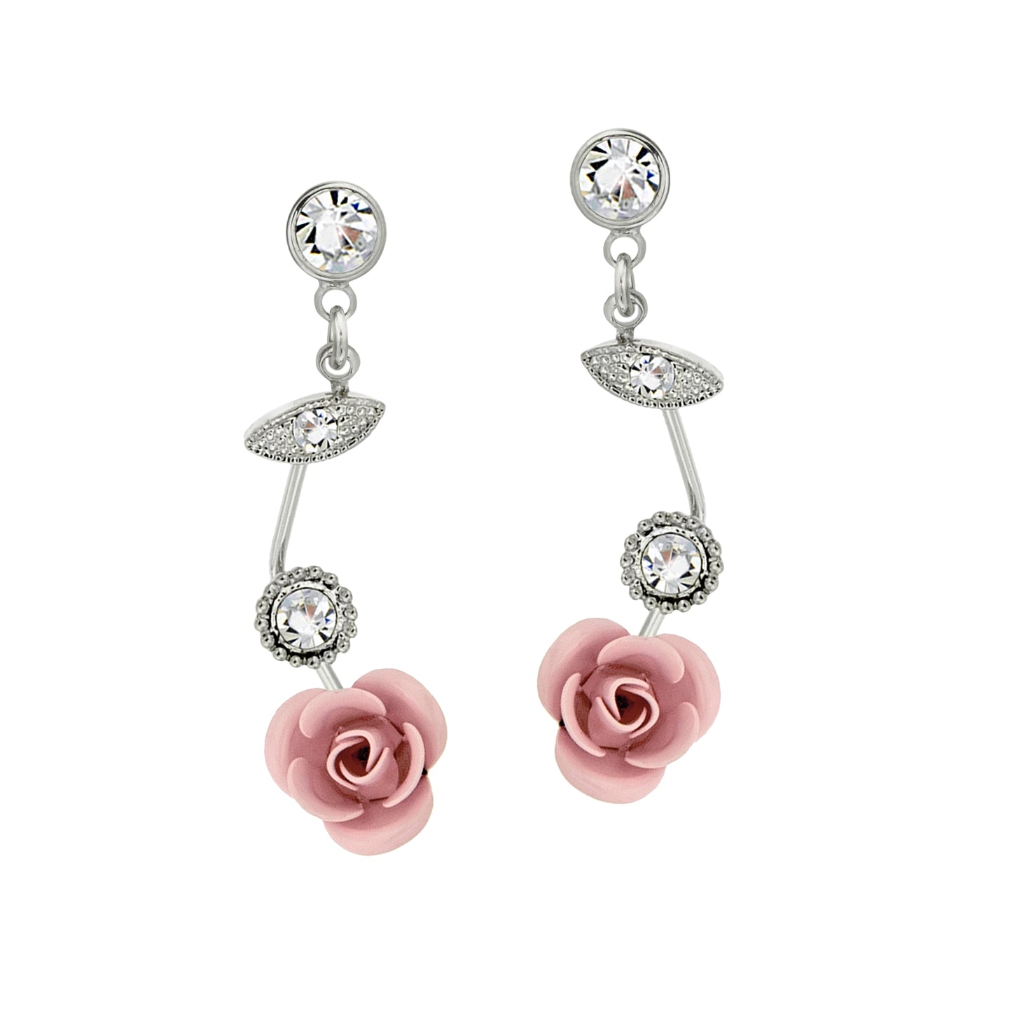 Dainty Pink Rose Drop Earrings with Crystal Accents - Romantic Floral Bridal Jewelry