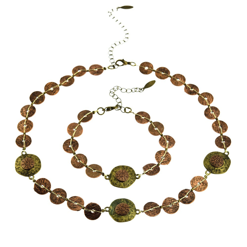 Textured Bronze Disk Chain Bracelet with Gold Thread and Extender Chain