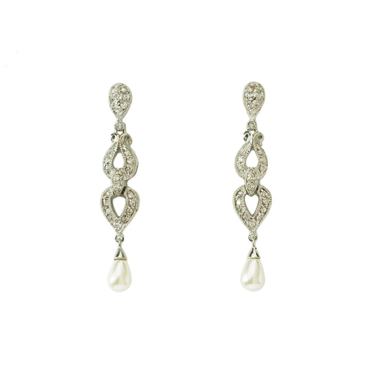 Vintage Style Pearl Drop Crystal Dangle Earrings - Wedding Bridal Austrian Crystal Pearl Earrings 1.75 Inch