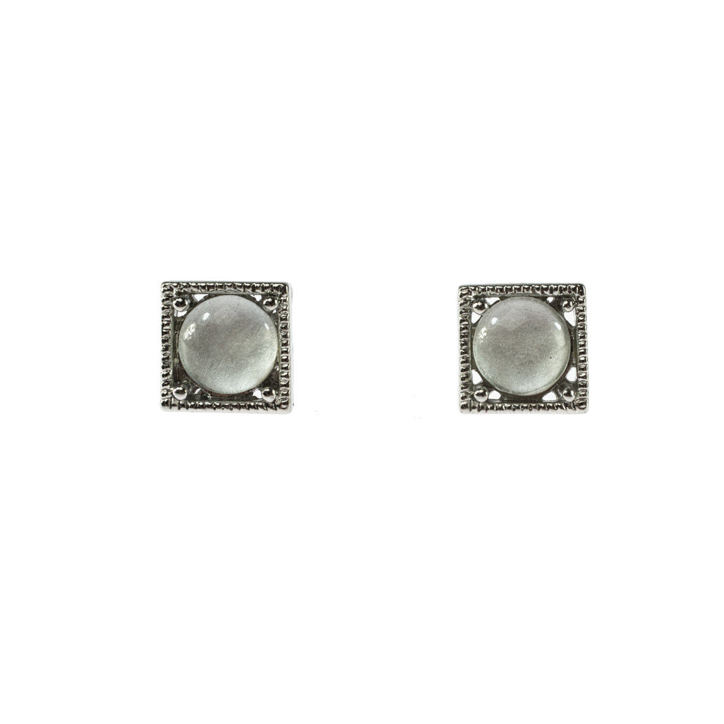 Elegant Square Frame Milky White Crystal Stud Earrings with Textured Border 7mm