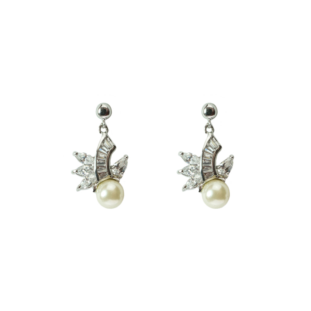 Elegant Pearl Drop Earrings with Austrian Crystal Accent and Silver Tone Finish - Bridal Wedding Jewelry