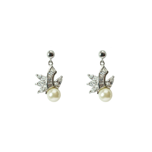 Elegant Pearl Drop Earrings with Austrian Crystal Accent and Silver Tone Finish - Bridal Wedding Jewelry