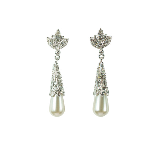 Vintage Style Crystal Leaf Pearl Drop Earrings with Austrian Crystals - Wedding Bridal Special Occasion Jewelry