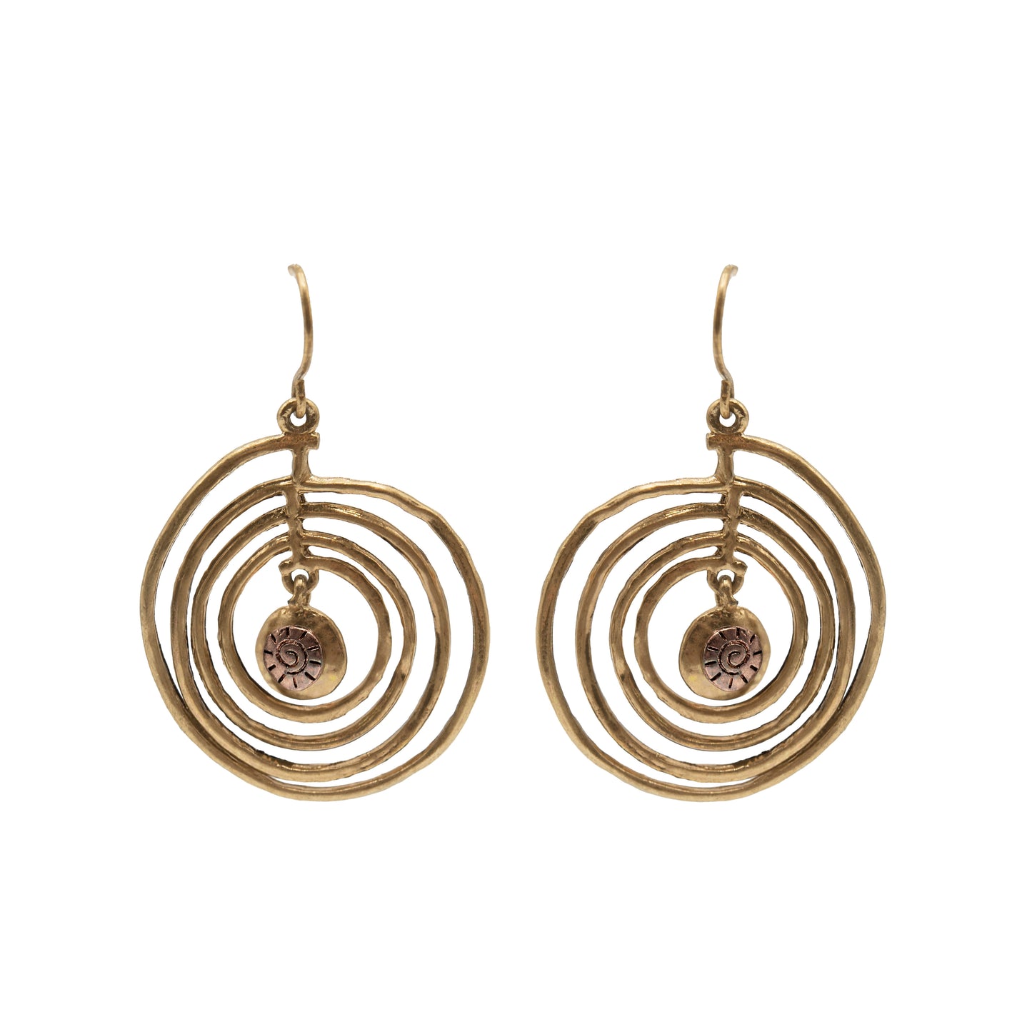 Bohemian Gold Pinwheel Dangle Earrings - Drop Earrings with Fish Hook Backing