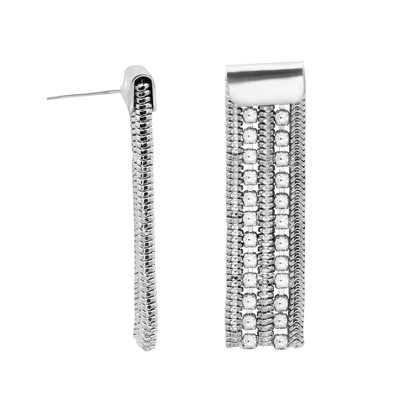 Elegant Silver Tone Cubic Zirconia Chain Drop Dangle Earrings with Post Back, 1.5 Inch Length