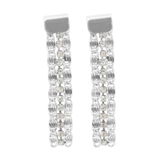 1.5 Inch Silver Tone Cubic Zirconia Chain Link Drop Earrings with Post Back