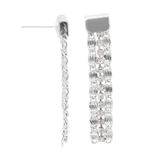 1.5 Inch Silver Tone Cubic Zirconia Chain Link Drop Earrings with Post Back