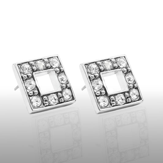 Dainty Square Austrian Crystal Stud Earrings - Silver Tone Fashion Jewelry