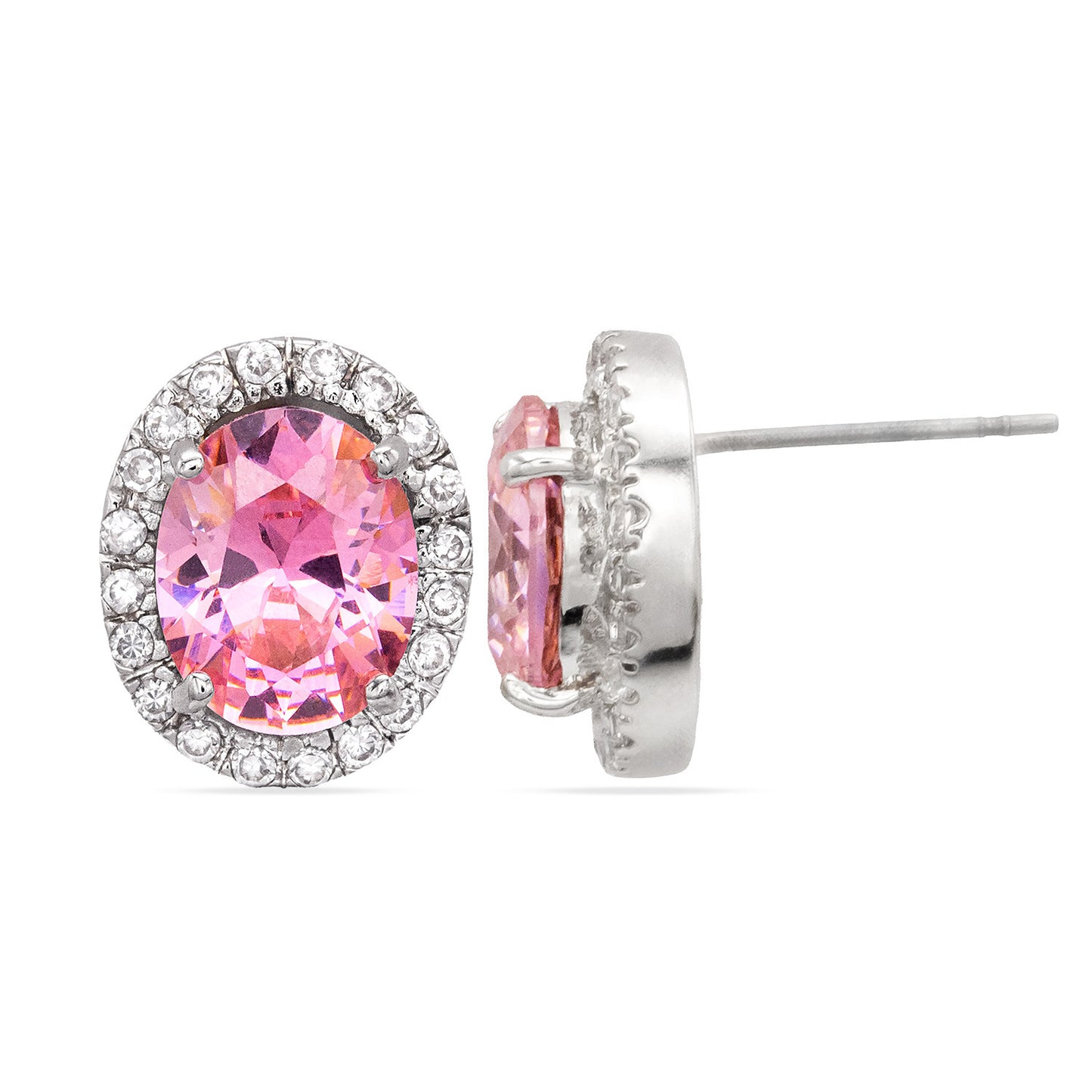 Pink Tourmaline Cubic Zirconia Stud Earrings Silver Tone October Birthstone