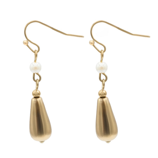Elegant Glass Pearl and Gold Tone Teardrop Dangle Earrings with Fishhook Backs, 1.5 Inches Long