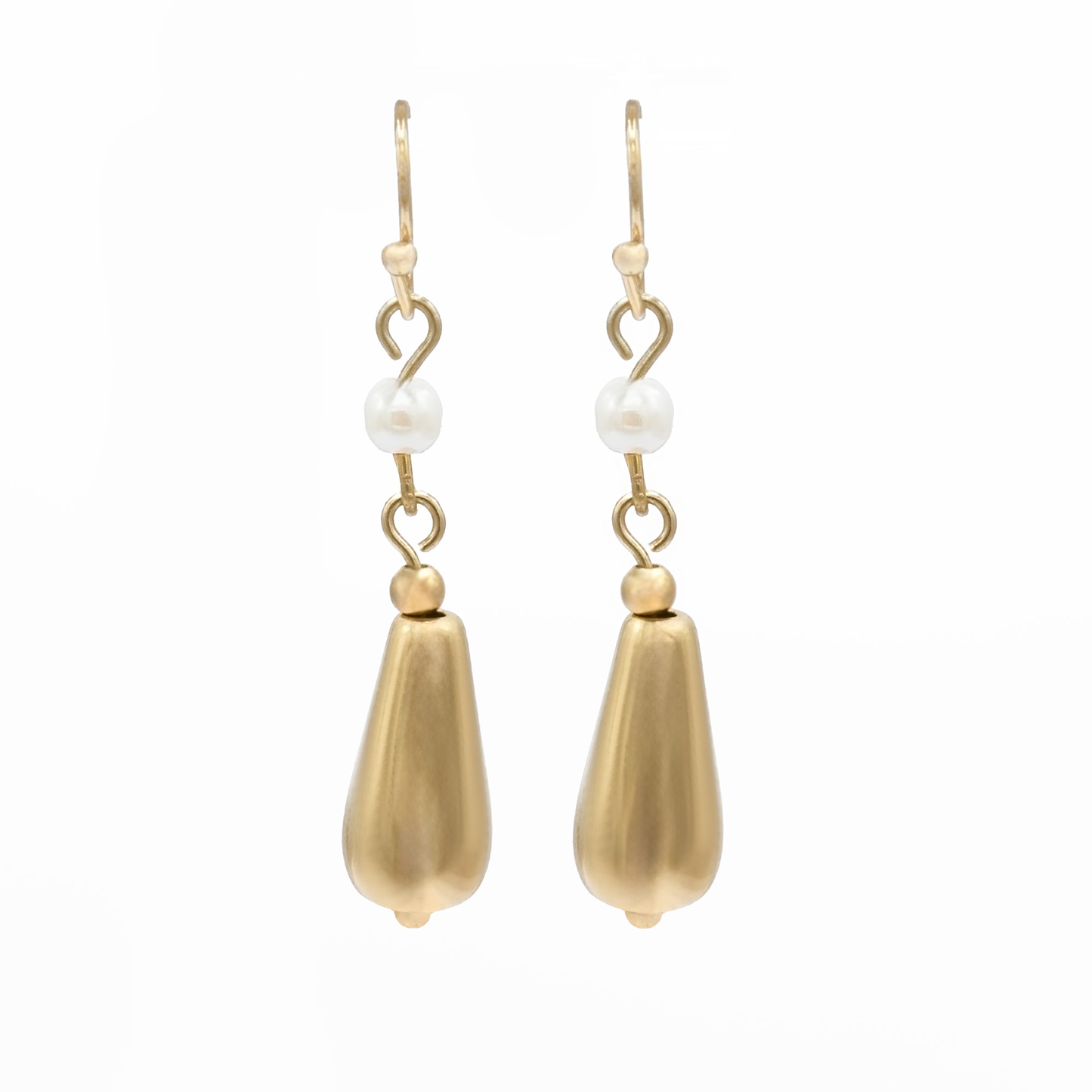 Elegant Glass Pearl and Gold Tone Teardrop Dangle Earrings with Fishhook Backs, 1.5 Inches Long