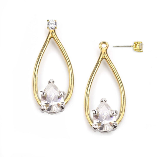 Elegant Teardrop Cubic Zirconia Ear Jacket Earrings with Crystal Studs Gold Tone