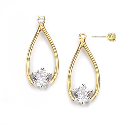 Elegant Gold Tone Teardrop Ear Jacket Earrings with Round Cubic Zirconia Crystal