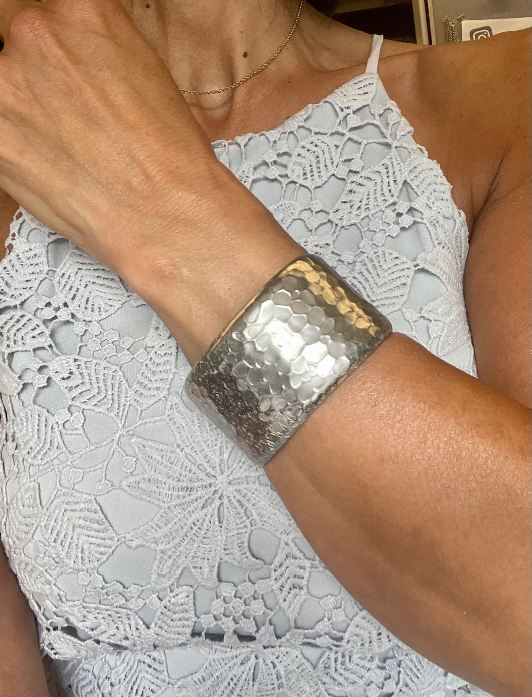 Wide Hammered Silver Tone Statement Cuff Bracelet Modern European Style