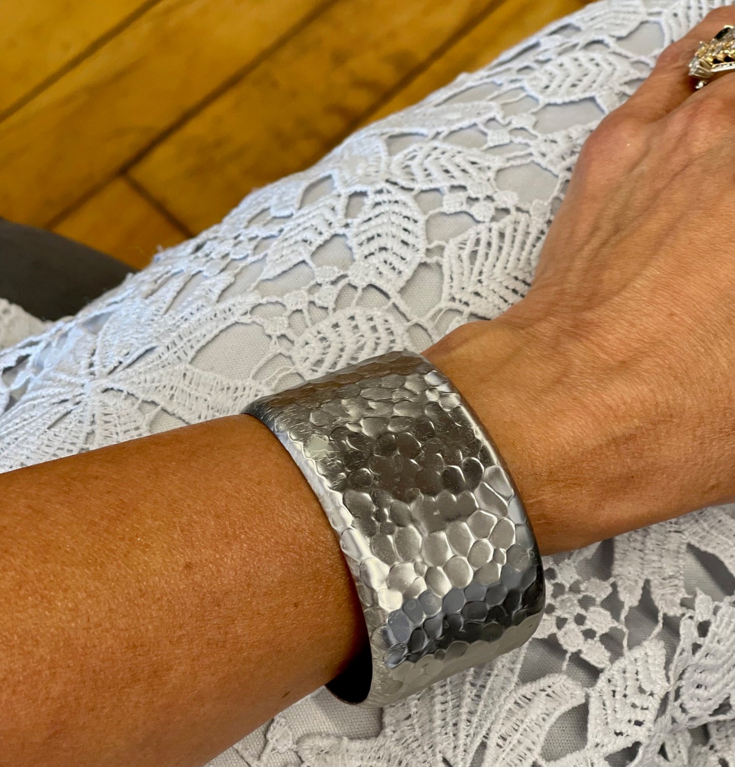 Wide Hammered Silver Tone Statement Cuff Bracelet Modern European Style