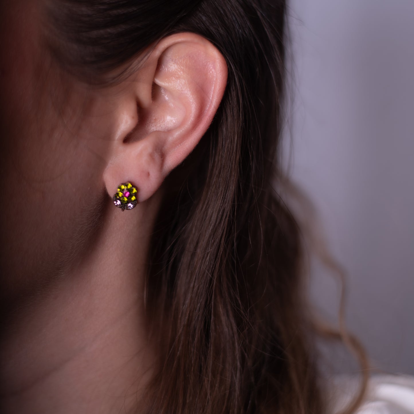 Vintage Style Crystal Flower Stud Earrings with Green Pink and Clear Crystals Rose Gold Tone