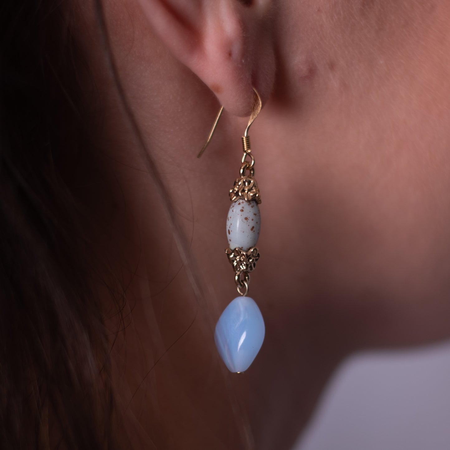 Light Blue Resin Bead Dangle Earrings with Gold Tone Accents - 2.5 Inch Drop