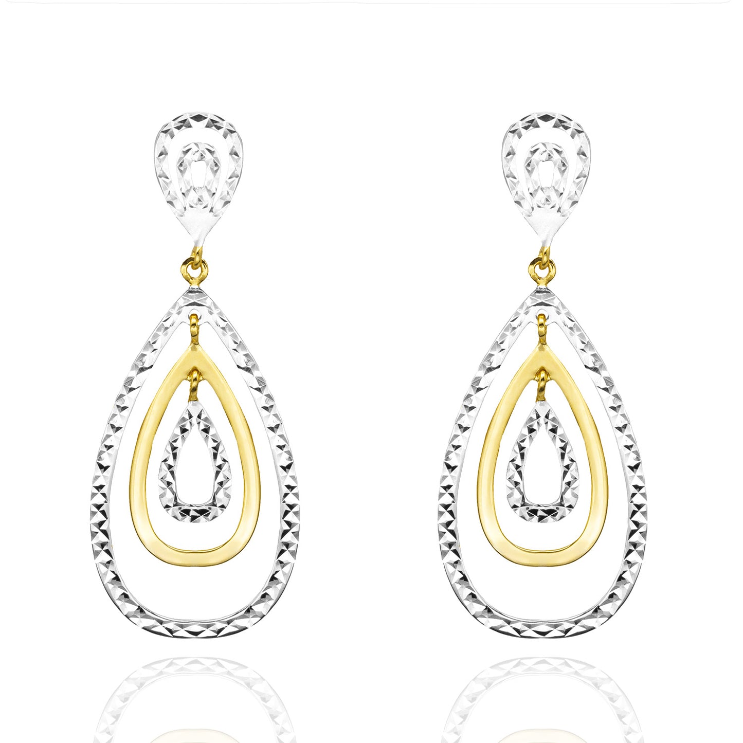 Elegant 14k Yellow and White Gold Plated Sterling Silver Dangle Earrings Modern 1-3/4" Teardrop Design Women's Design