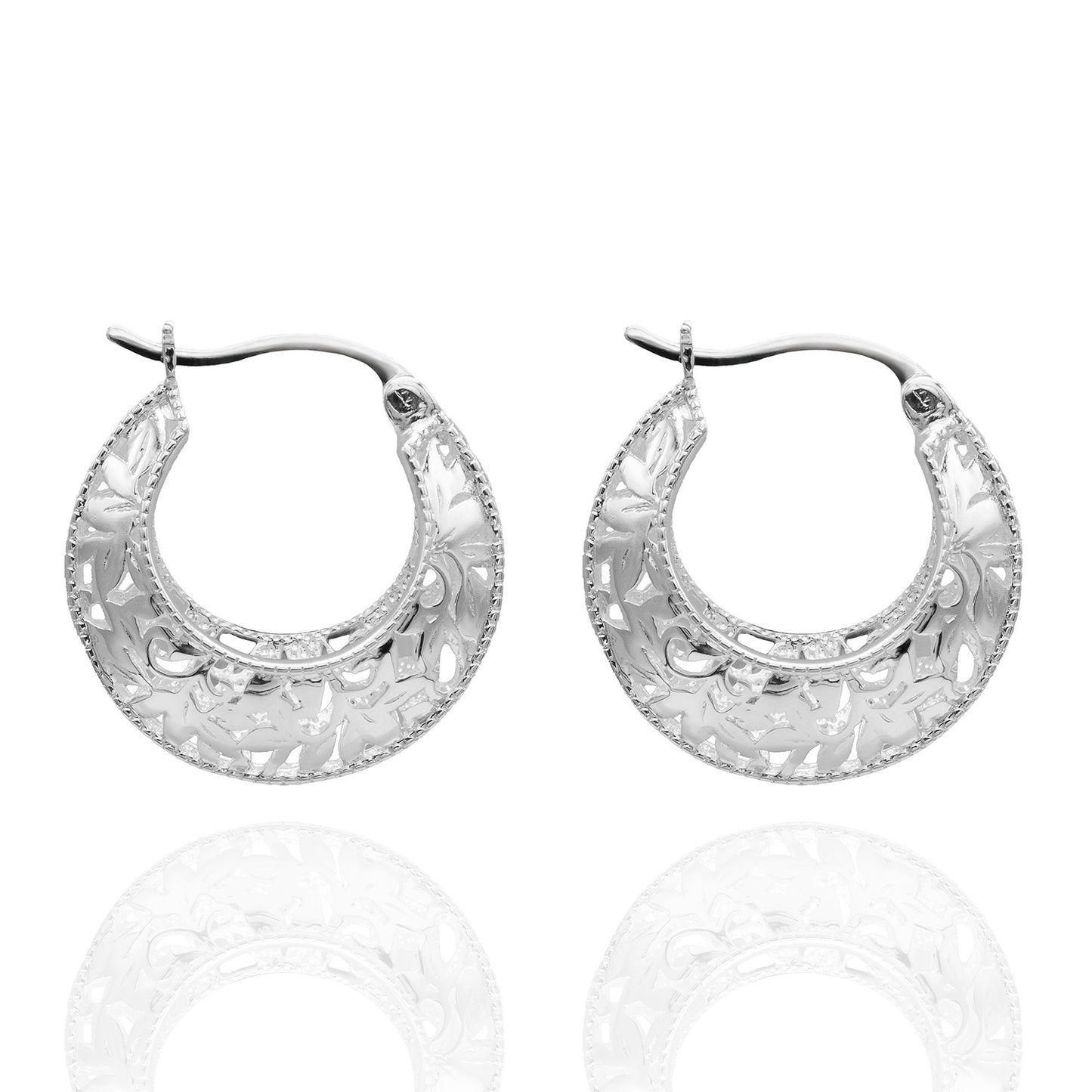 Elegant 14k White Gold Plated Sterling Silver Open Filigree Hoop Earrings