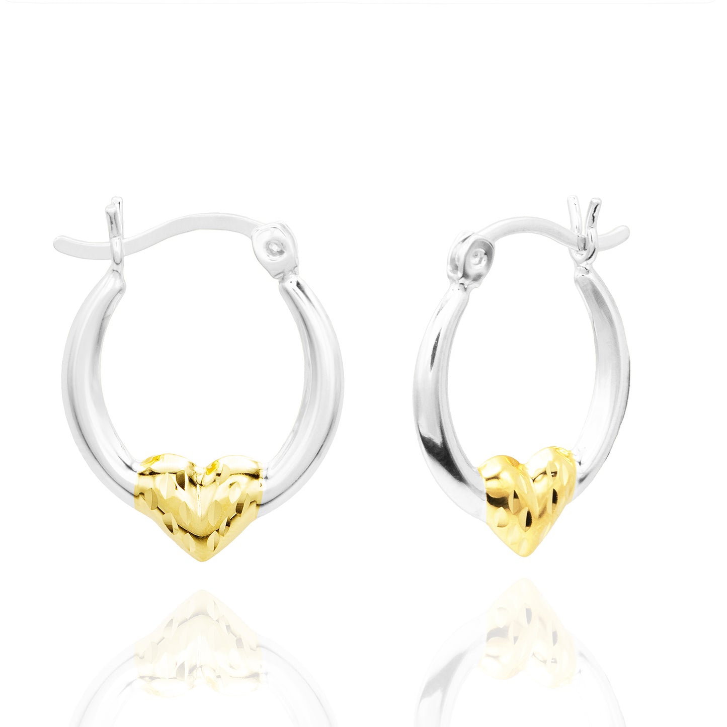 Elegant 14k White with Yellow Gold Plated Accents Sterling Silver Heart Design Hoop Earrings