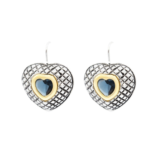 Sapphire Blue Heart Drop Earrings with Quilted Silver Design and Gold Design Accents