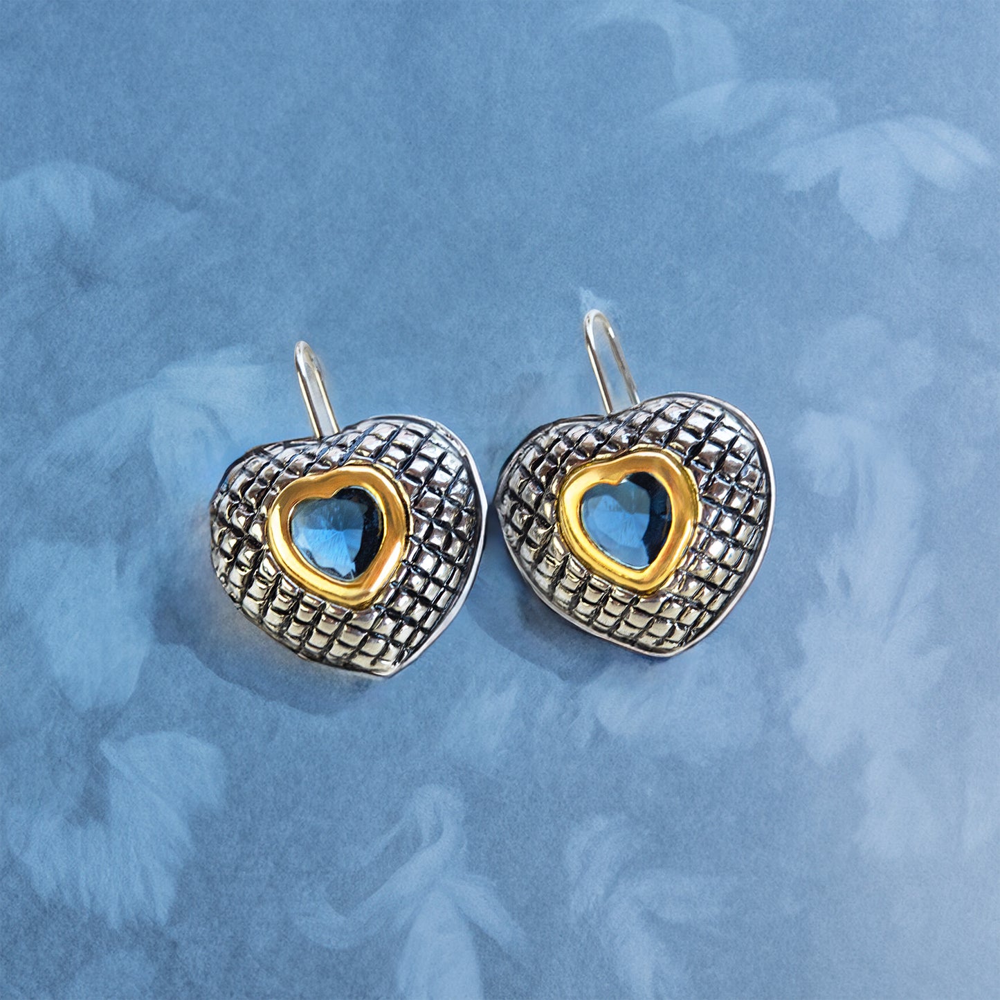 Sapphire Blue Heart Drop Earrings with Quilted Silver Design and Gold Design Accents