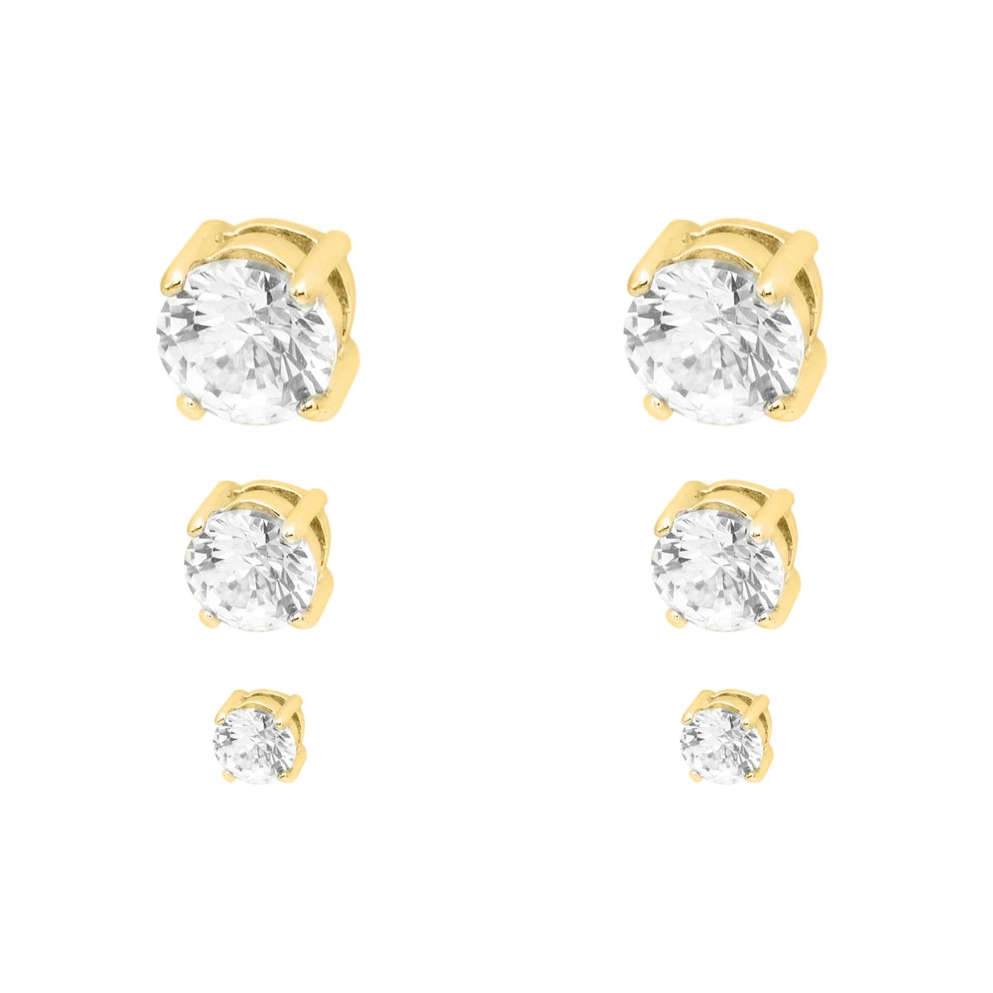 3 Pair Round Cubic Zirconia Stud Earrings Set in Gold Tone, Classic Crystal Clear CZ Post Earrings
