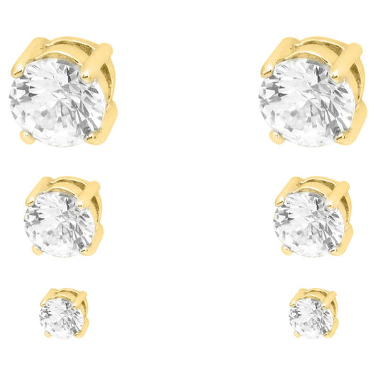 3 Pair Round Cubic Zirconia Stud Earrings Set in Gold Tone, Classic Crystal Clear CZ Post Earrings